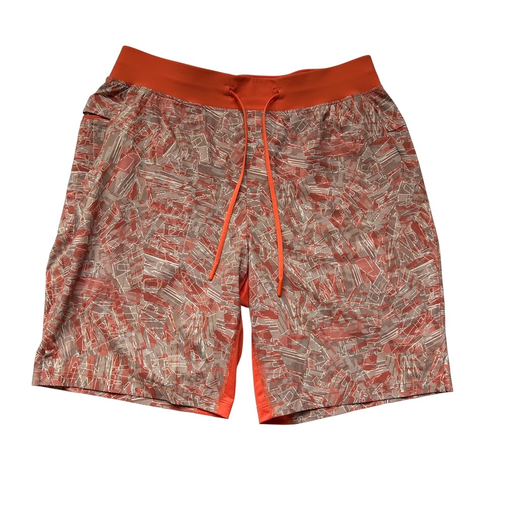 Lululemon Men's 9.5 Inch Inseam Active Gym Shorts Orange Geometric Print Size Lg